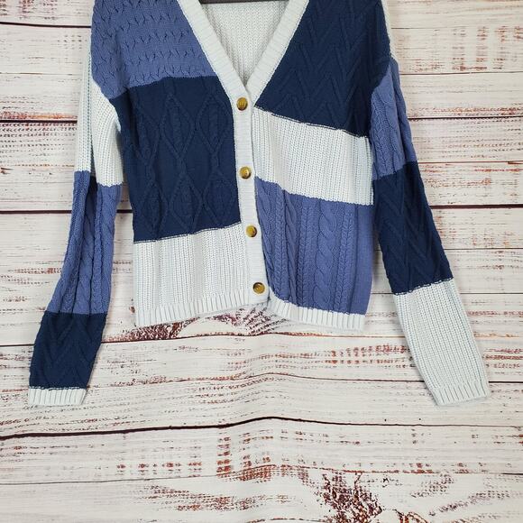 Olivia Sky Retro Grandma Sweater L Blue Chunky Mixed Media Knit Cozy Cardigan - Picture 6 of 11